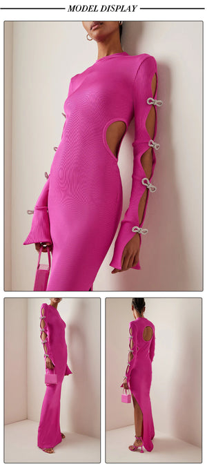 Hollow Out Design Bow Crystal Hot Pink Bodycon Bandage Dress