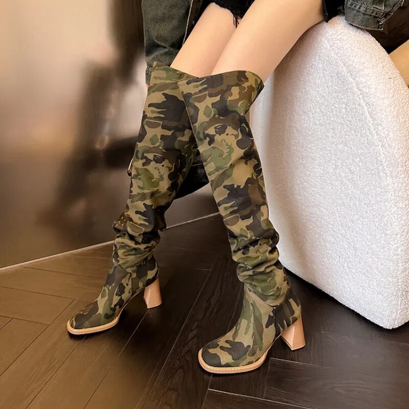 Camouflage Denim Over-the-Knee Boots