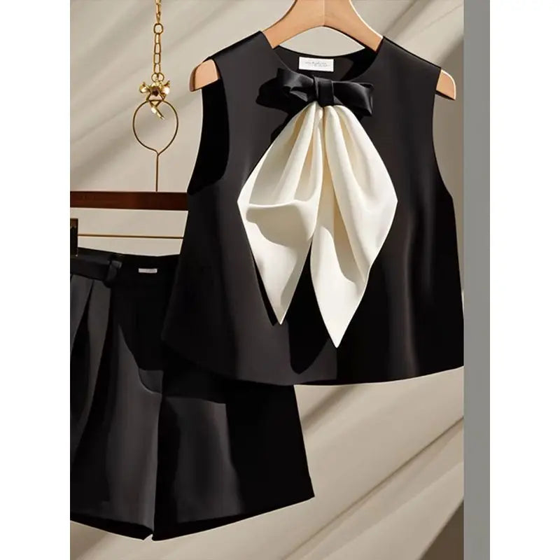 High end Luxury Black Bow Tank Top High Waist Shorts Black Two Piece Sets