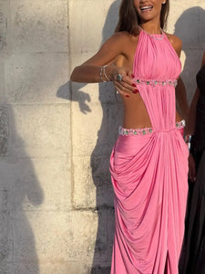 Pink Satin Sequin Halter Dress