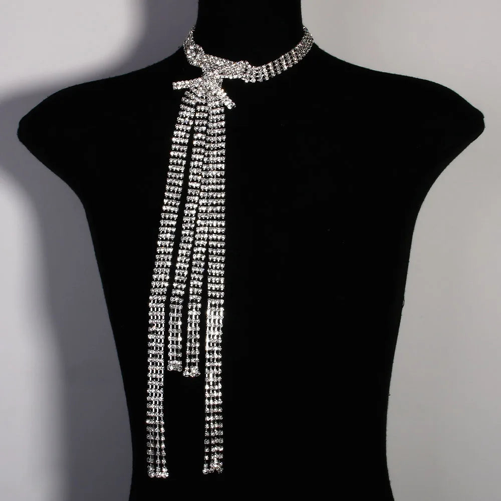 Rhinestone Long Tassel Bow Choker