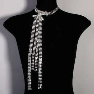 Rhinestone Long Tassel Bow Choker