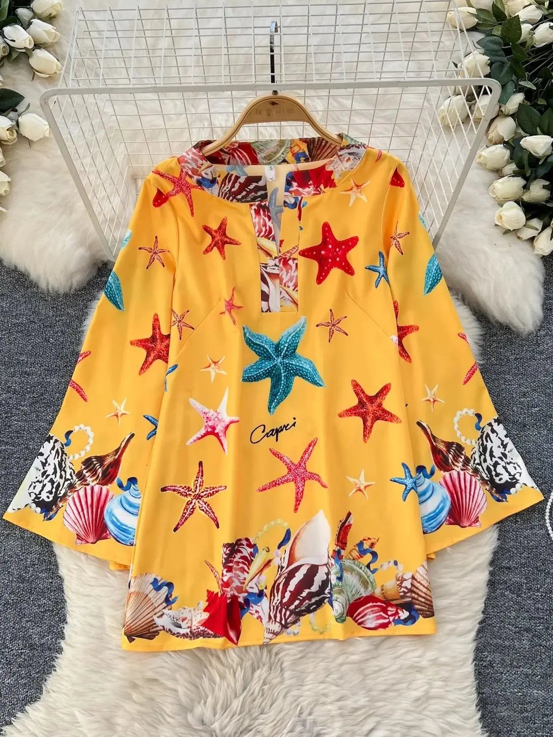 Cartoon Rose Flower Print Beach Short Dresses