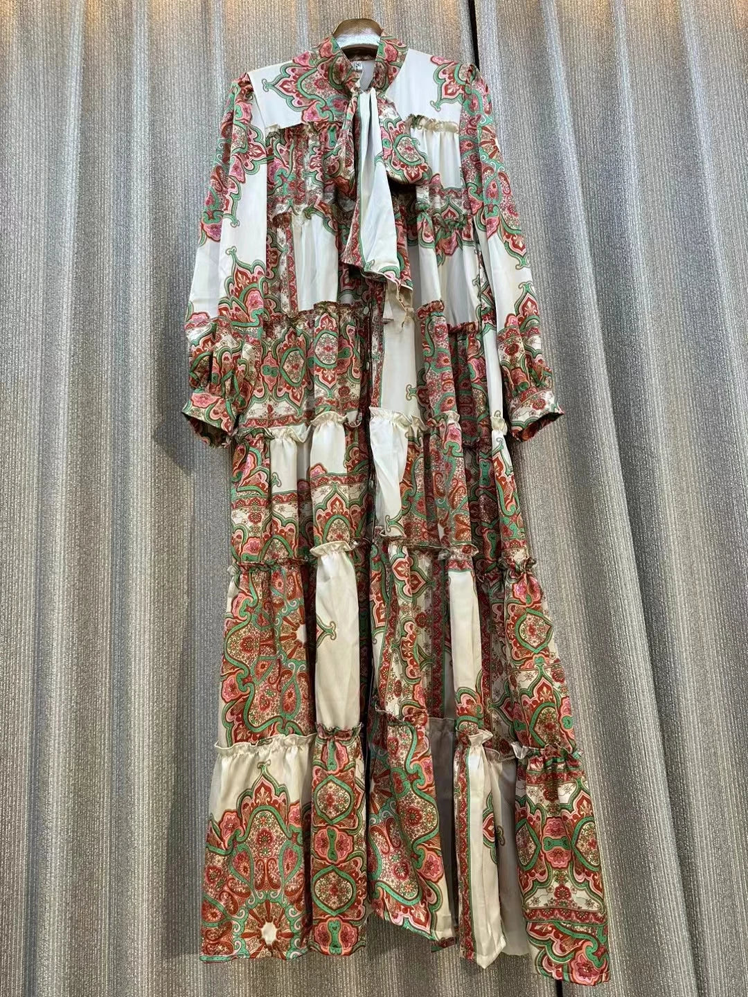 Retro Lantern Sleeve Bow Stand Collar Dress