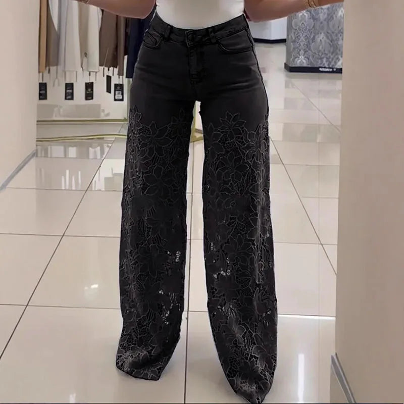 Plus Size Stretch Denim Jeans With Cut-Out Lace