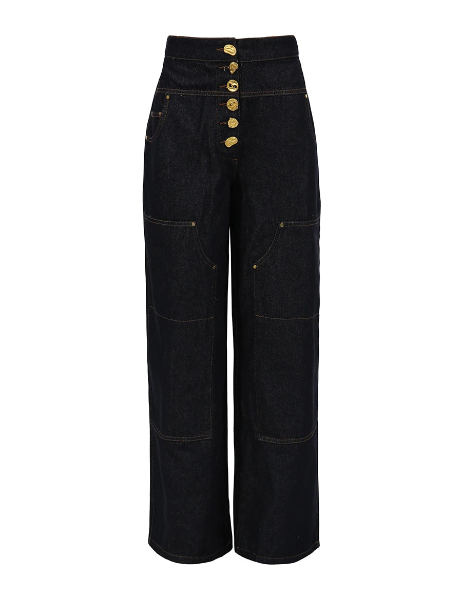 Solid Spliced Button Loose Denim Two Piece Sets