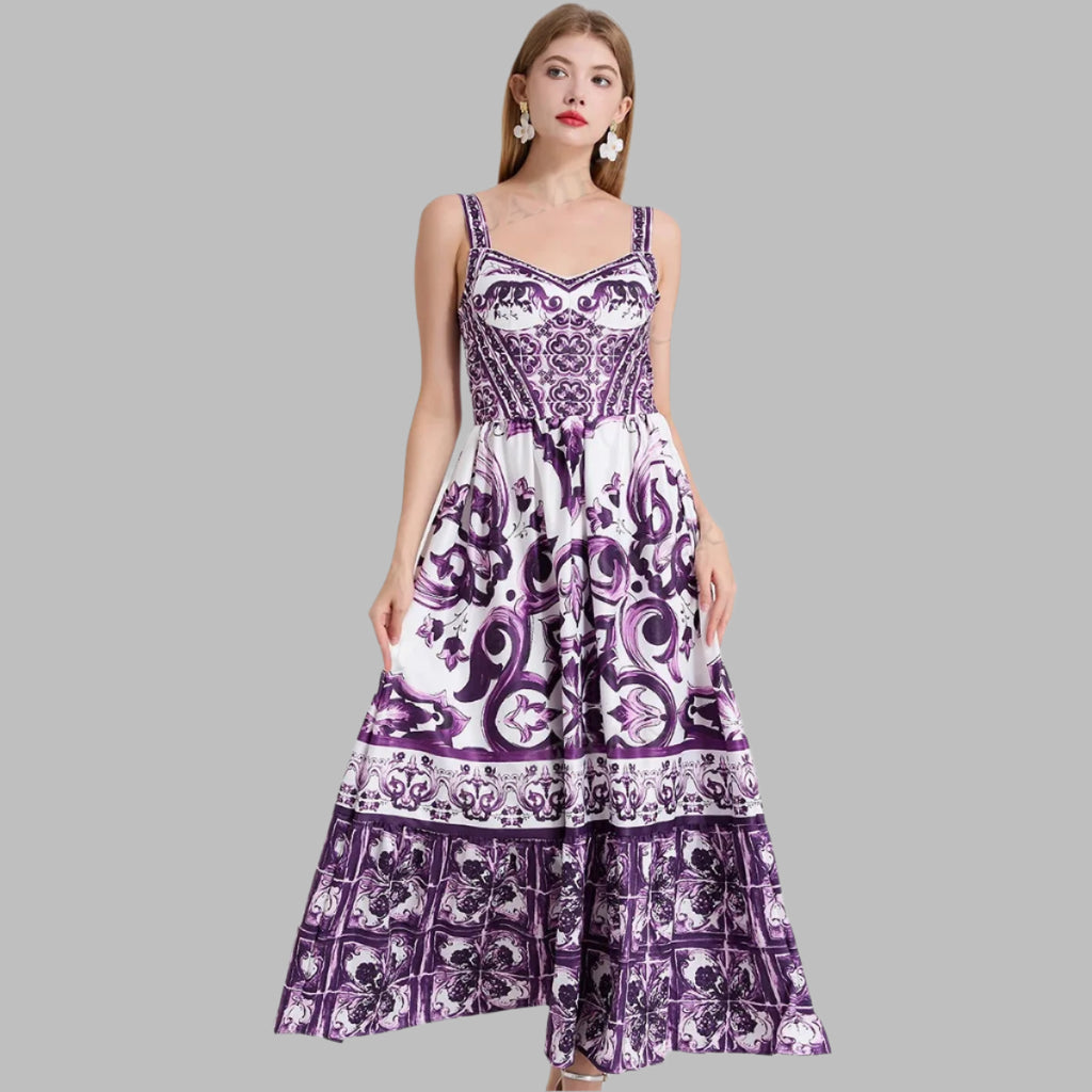 Purple Porcelain Summer Floral Maxi Dress