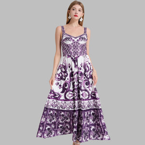 Purple Porcelain Summer Floral Maxi Dress