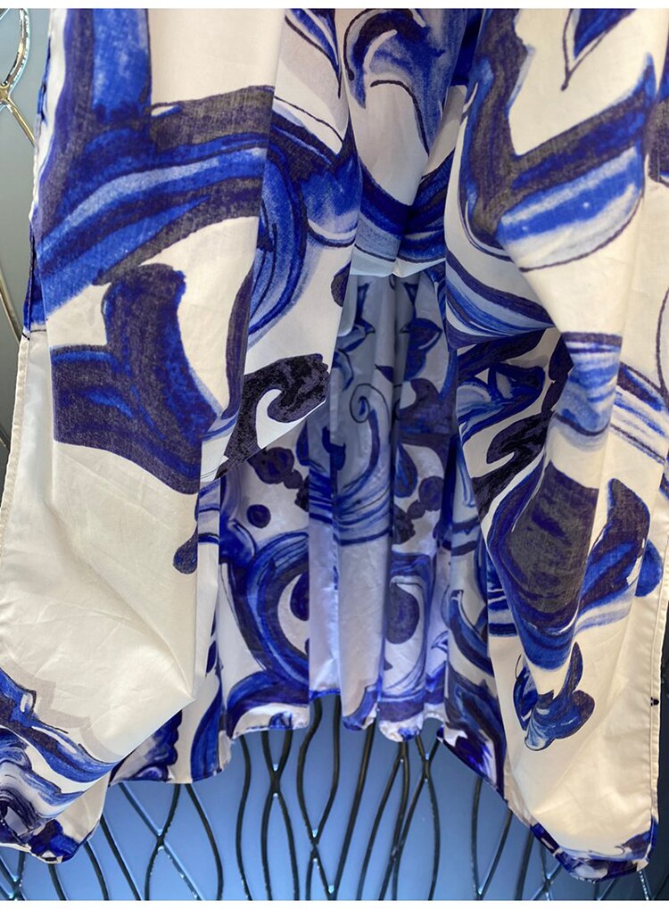 High Quality Designer Blue And White Porcelain Print Cotton Dress