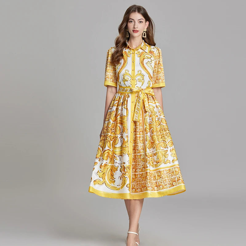 Yellow Paisley Print Shirt Dresses
