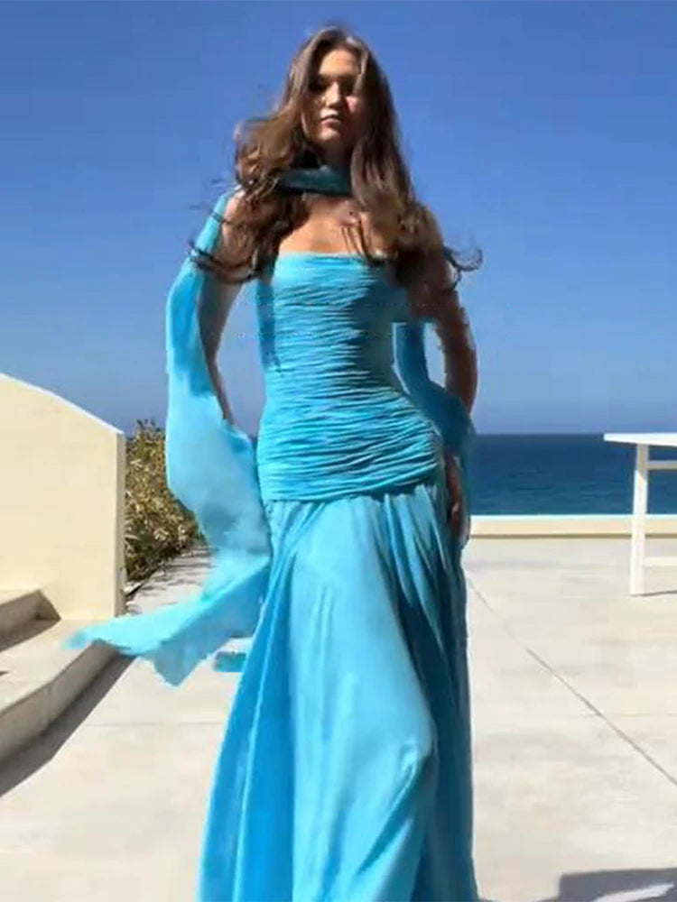 Gradient Pleated Top Skirt Set Beach Halter Suit