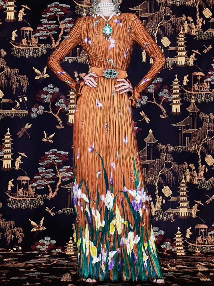Colorblock Printing Vintage Folds Dresses