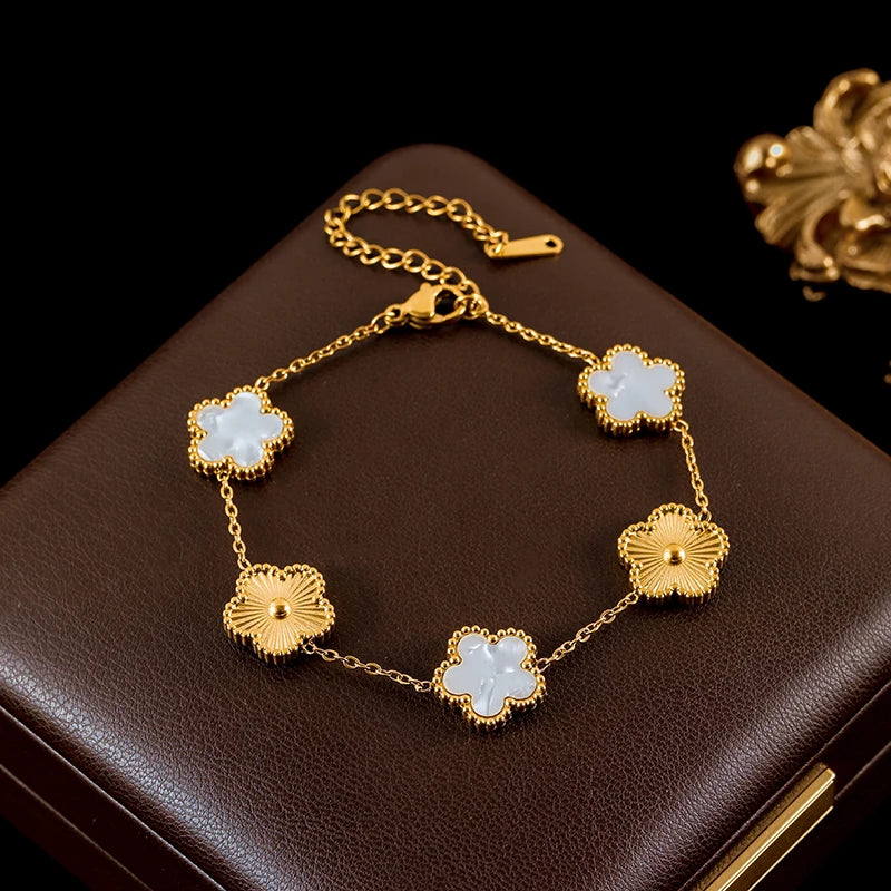 Double Sided Green Five Leaf Flower Charm Bracelets