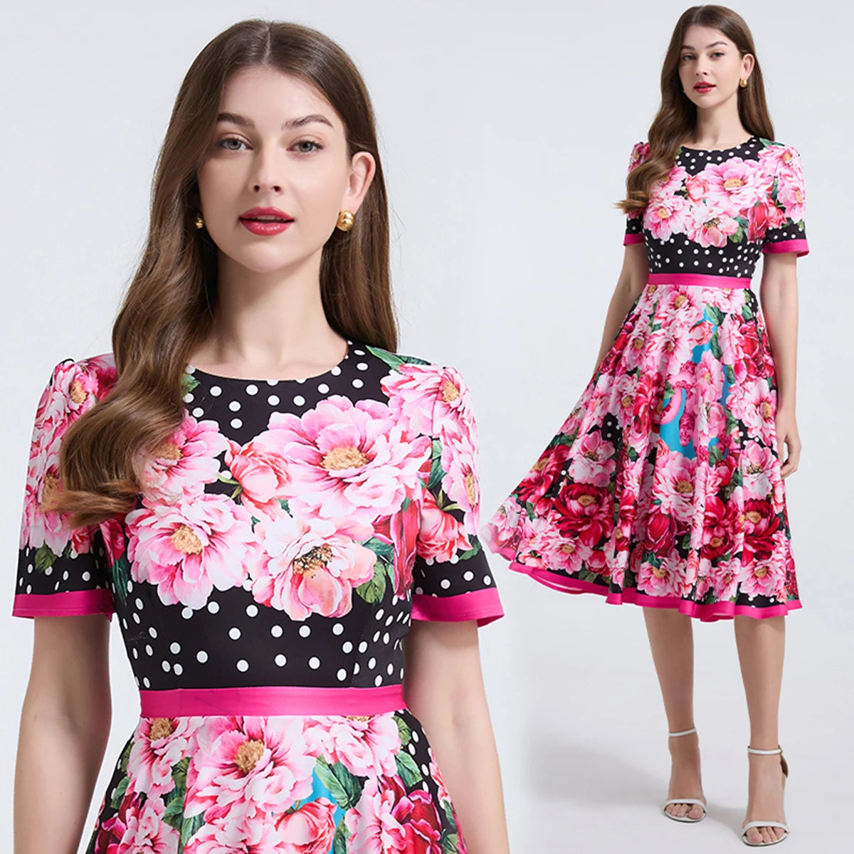 Elegant Polka Dot Print Midi Dresses