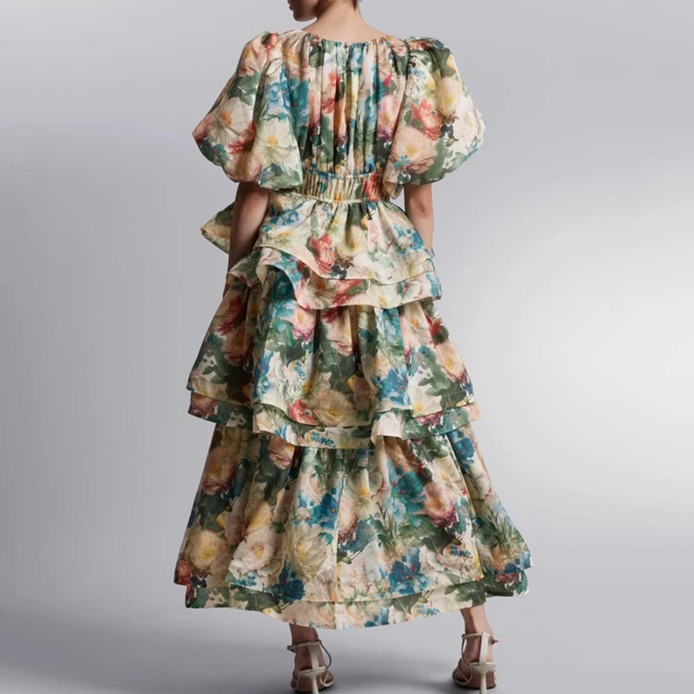 Hit Printing Puff Sleeve Loose A Line Vintage Dress