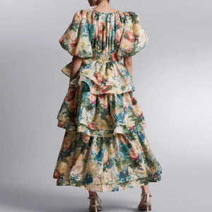 Hit Printing Puff Sleeve Loose A Line Vintage Dress