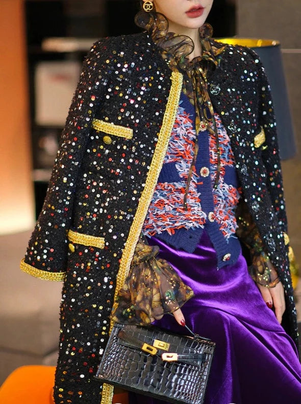 Luxury Retro Sequin Black Gold Tweed Coat
