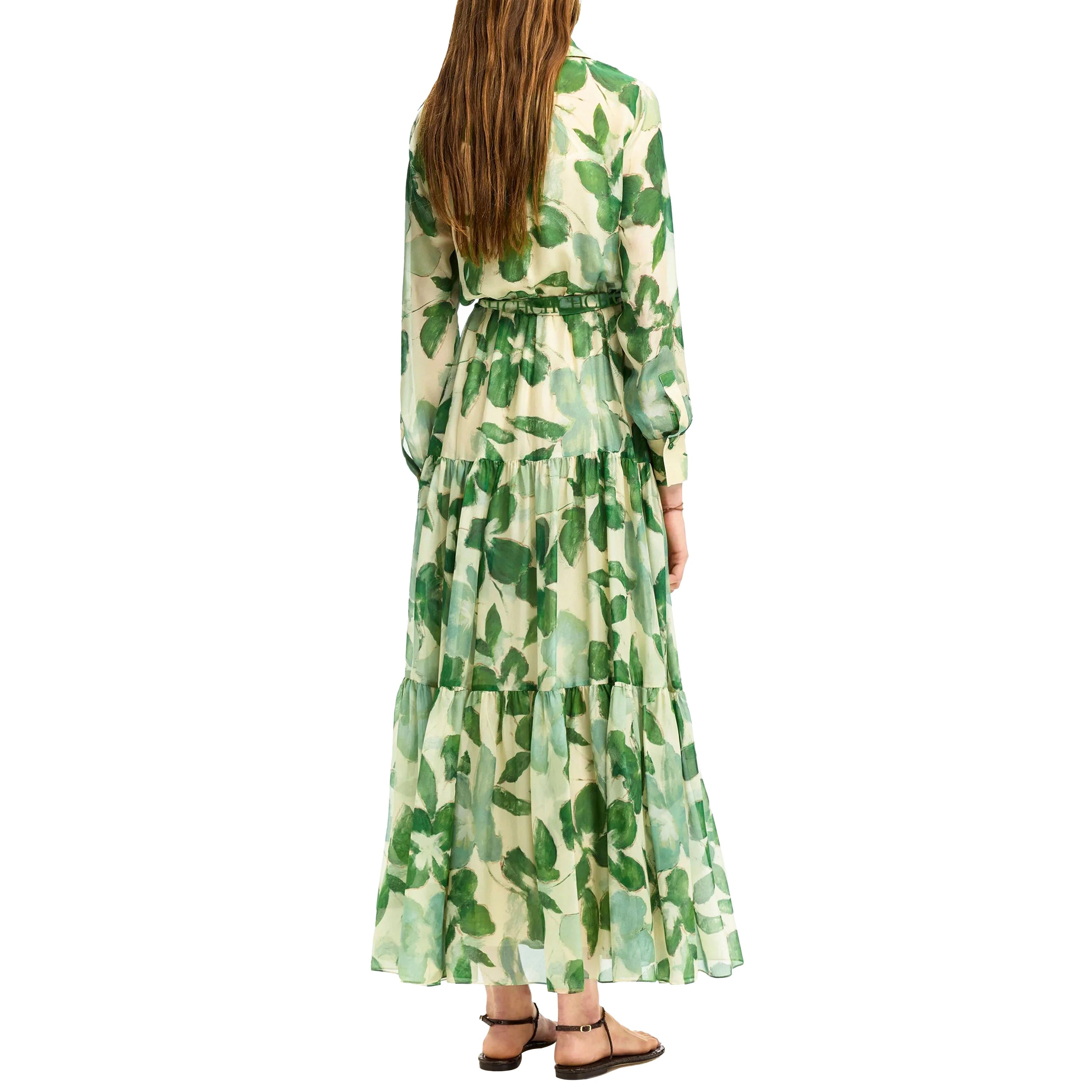 New Belted Chiffon Print V-neck Chic Slim Long Dress