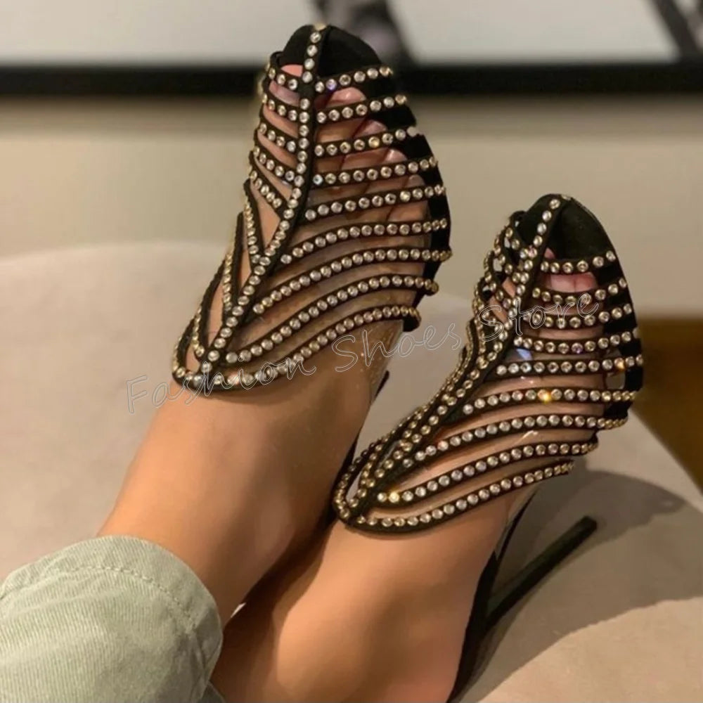Black Hollow Out Crystal Slippers