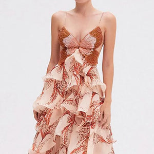 Chic Butterfly Print Ruffle Pleated Dresses