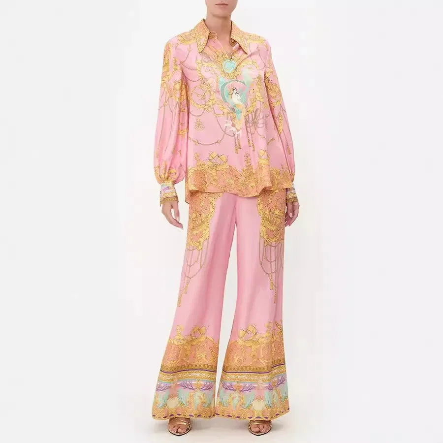 Leisure Long-sleeved Pink Printed Shirt Trousers Sets