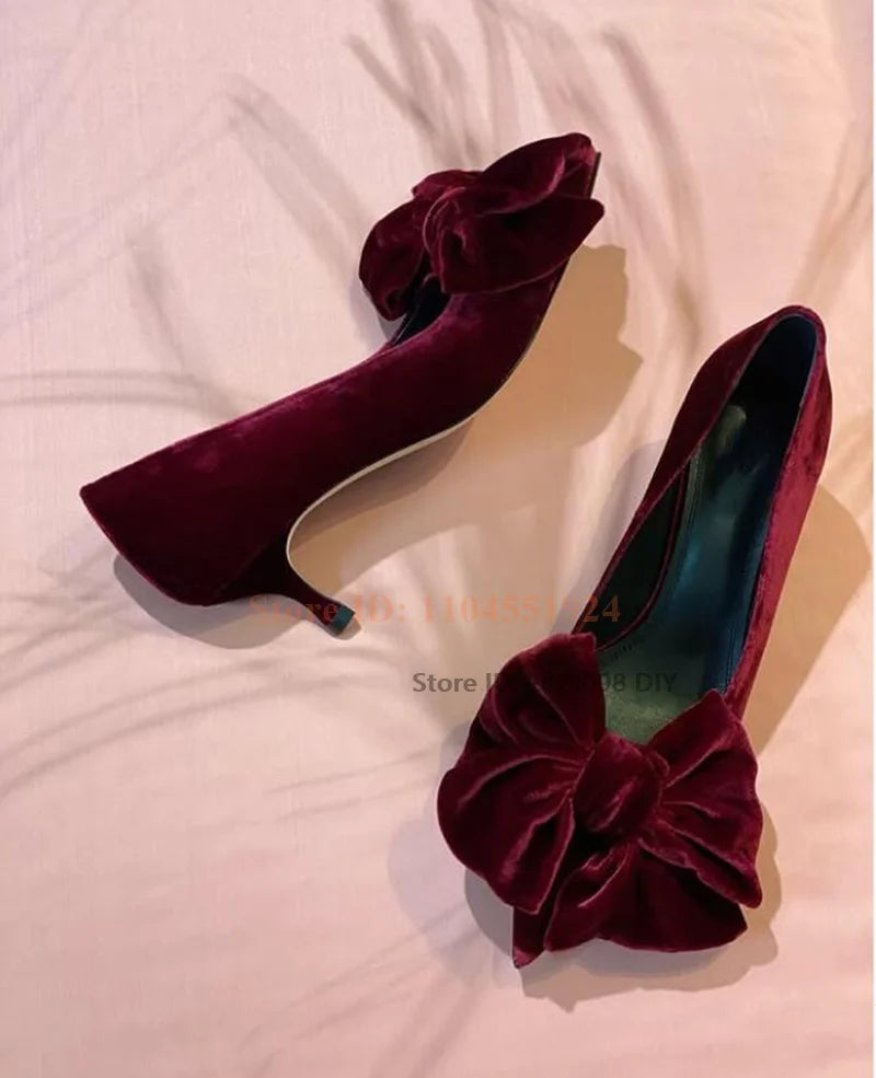 Wine Red 5Cm Heeled Velvet Slip On Pumps