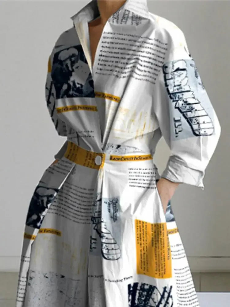 Personality Newspaper Printed Lapel A-Line Dress