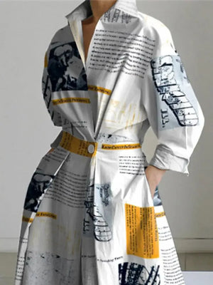 Personality Newspaper Printed Lapel A-Line Dress