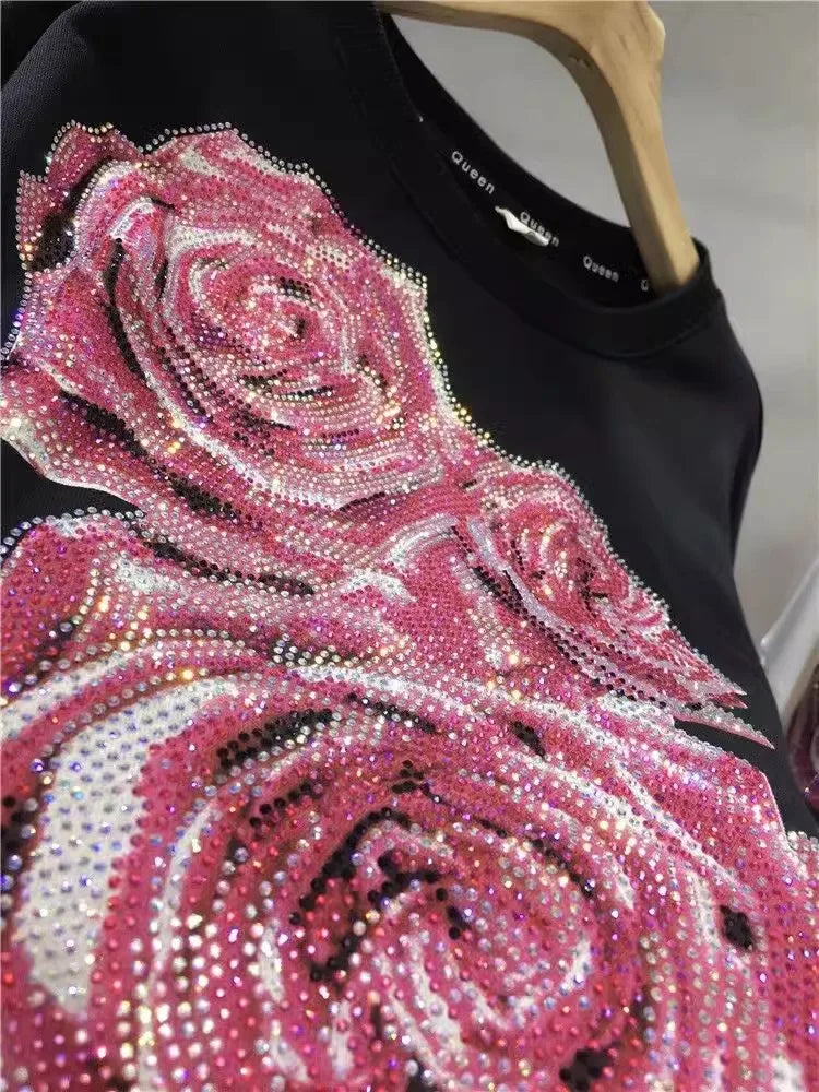 Oversized Rhinestone Light Luxury Rose Pull-over
