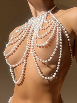 Luxury Pearls Halter Hollow Out See Through Bikini Top