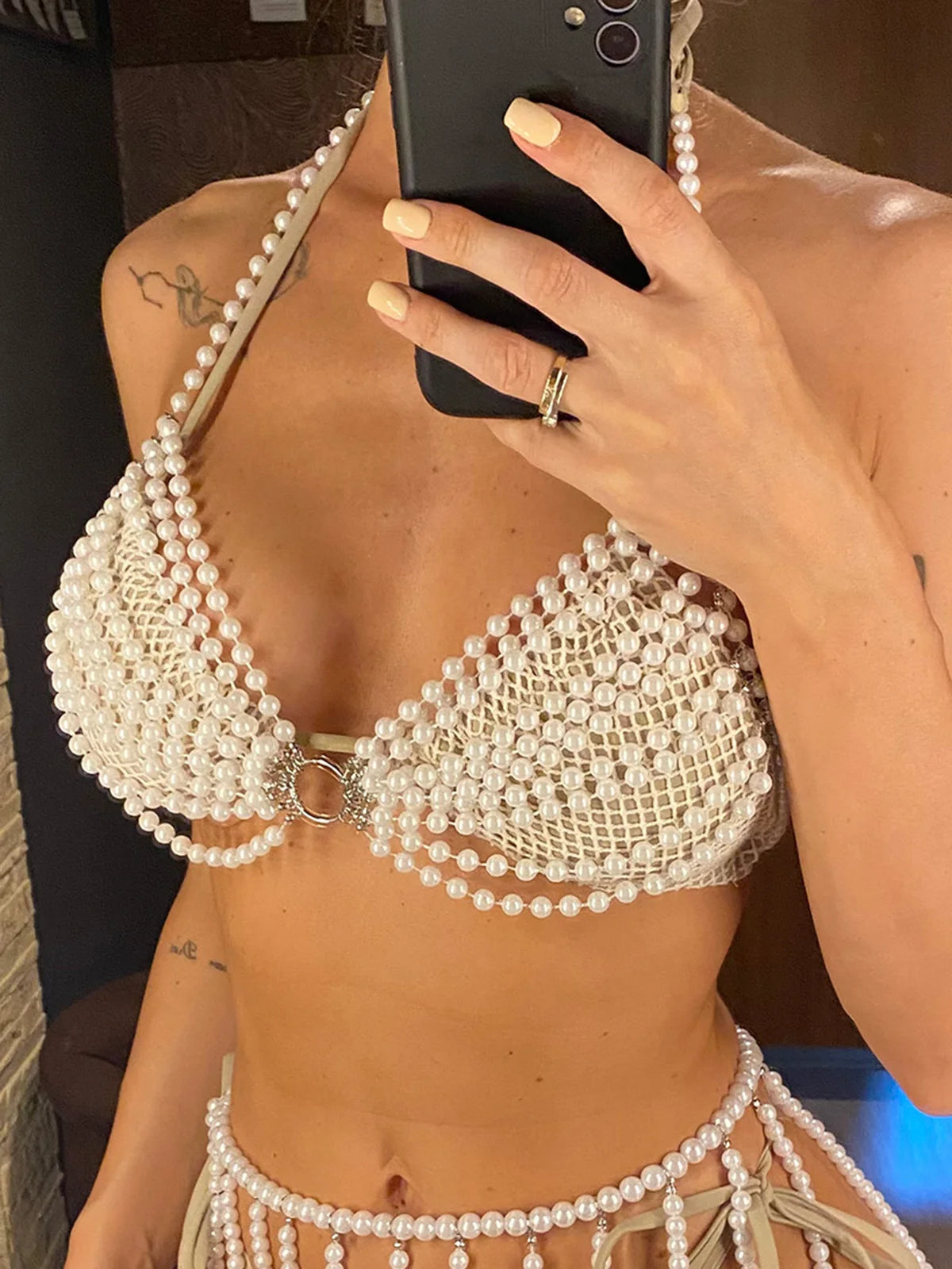Luxury Pearls Halter Hollow Out See Through Bikini Top