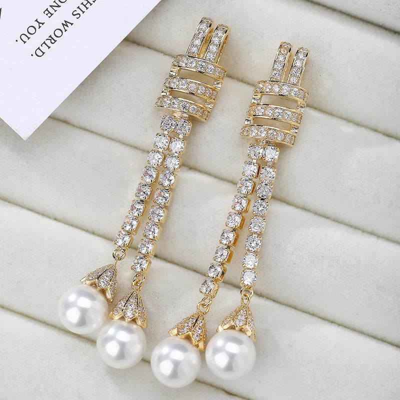 Elegant Twine Knot Design Temperament Dangle Earrings for Women Fashion Pearl Jewelry Luxury AAA Cubic Zirconia Wedding Earring