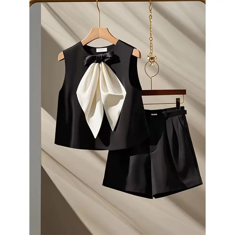 High end Luxury Black Bow Tank Top High Waist Shorts Black Two Piece Sets