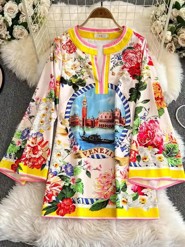 Cartoon Rose Flower Print Beach Short Dresses