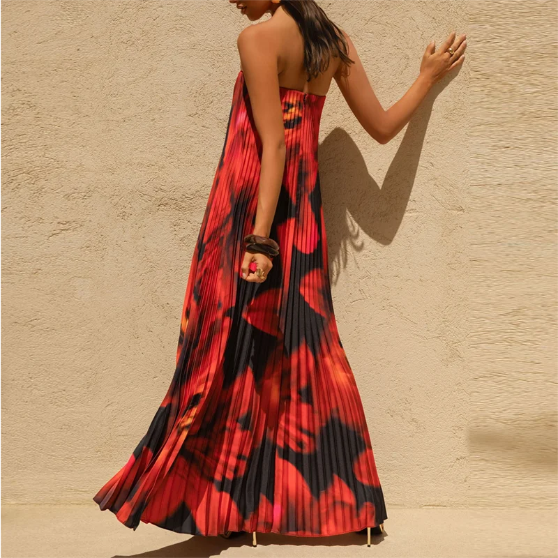 Elegant Floral Print A-Line Pleated Dress