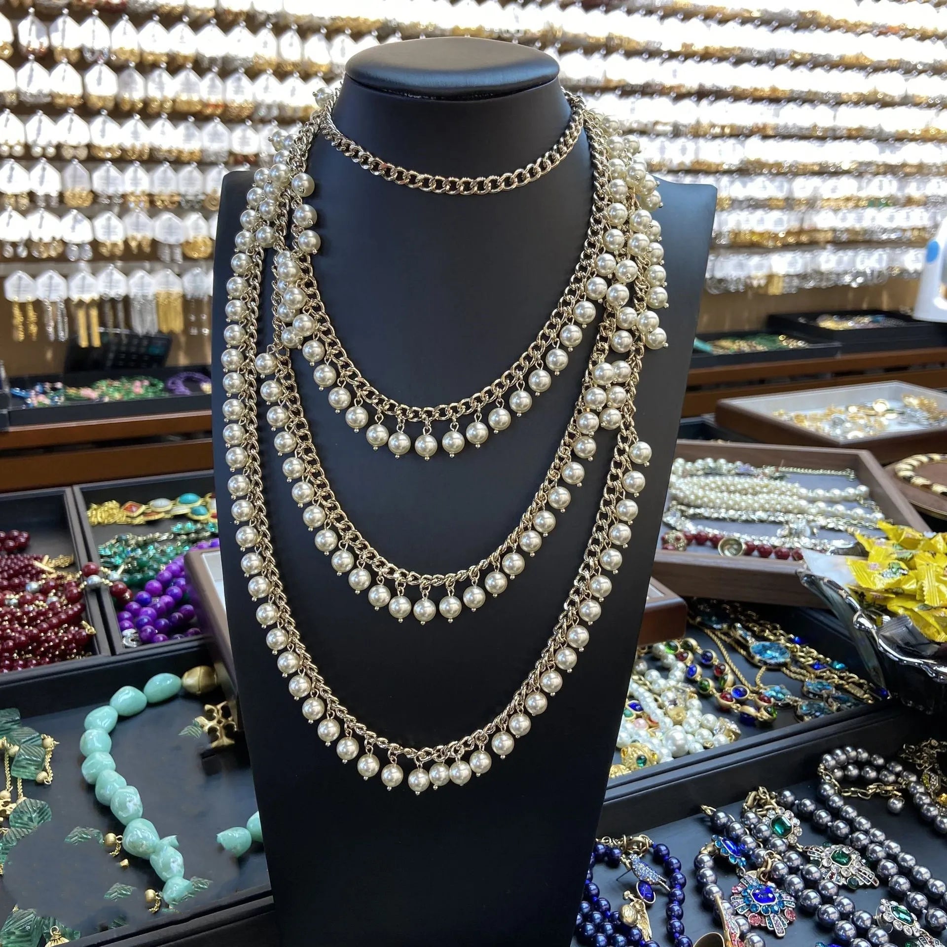 5 Lucky Number Necklace Three Layers with Pearl Necklace