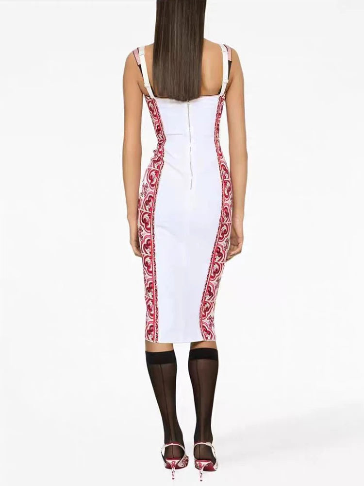 Retro Geometric Print Back Color Contrast Strapless Halter Dress