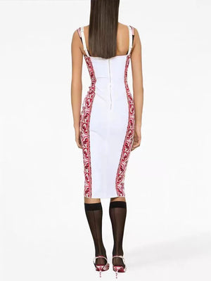 Retro Geometric Print Back Color Contrast Strapless Halter Dress