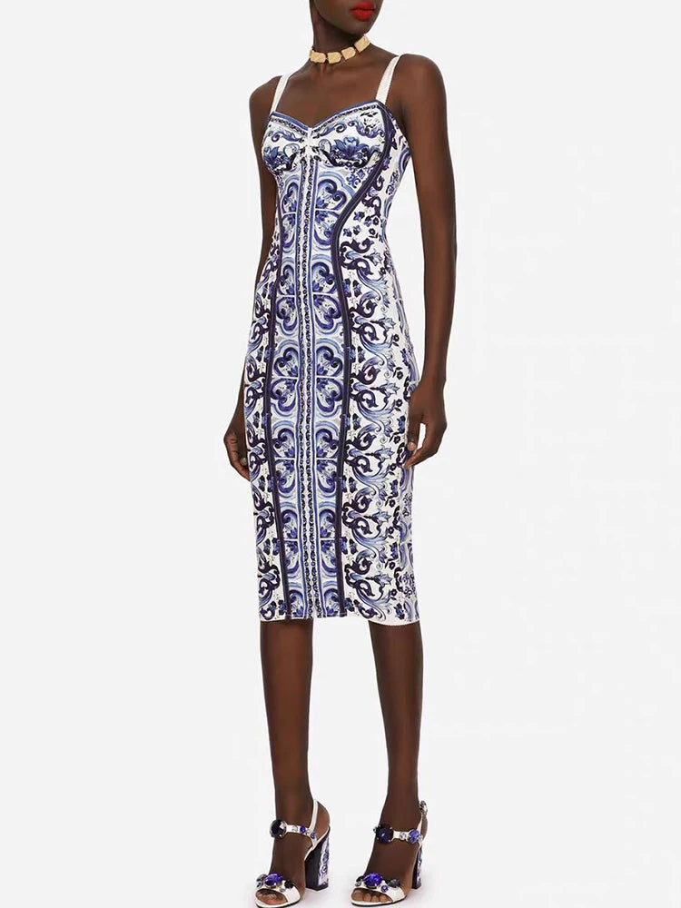 Retro Geometric Print Back Color Contrast Strapless Halter Dress
