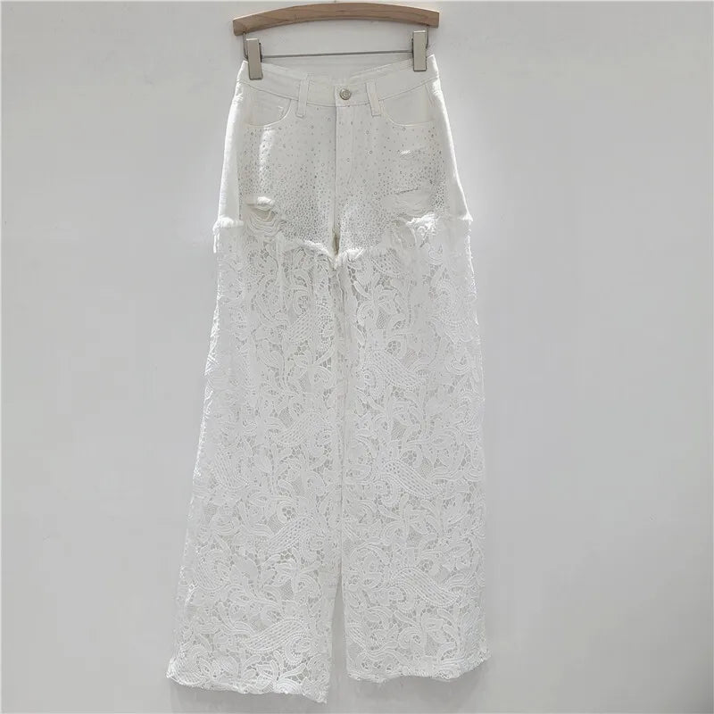 Hot Diamonds Broken Holes Patchwork Lace High Waist Straight Denim Pants