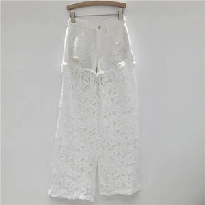 Hot Diamonds Broken Holes Patchwork Lace High Waist Straight Denim Pants