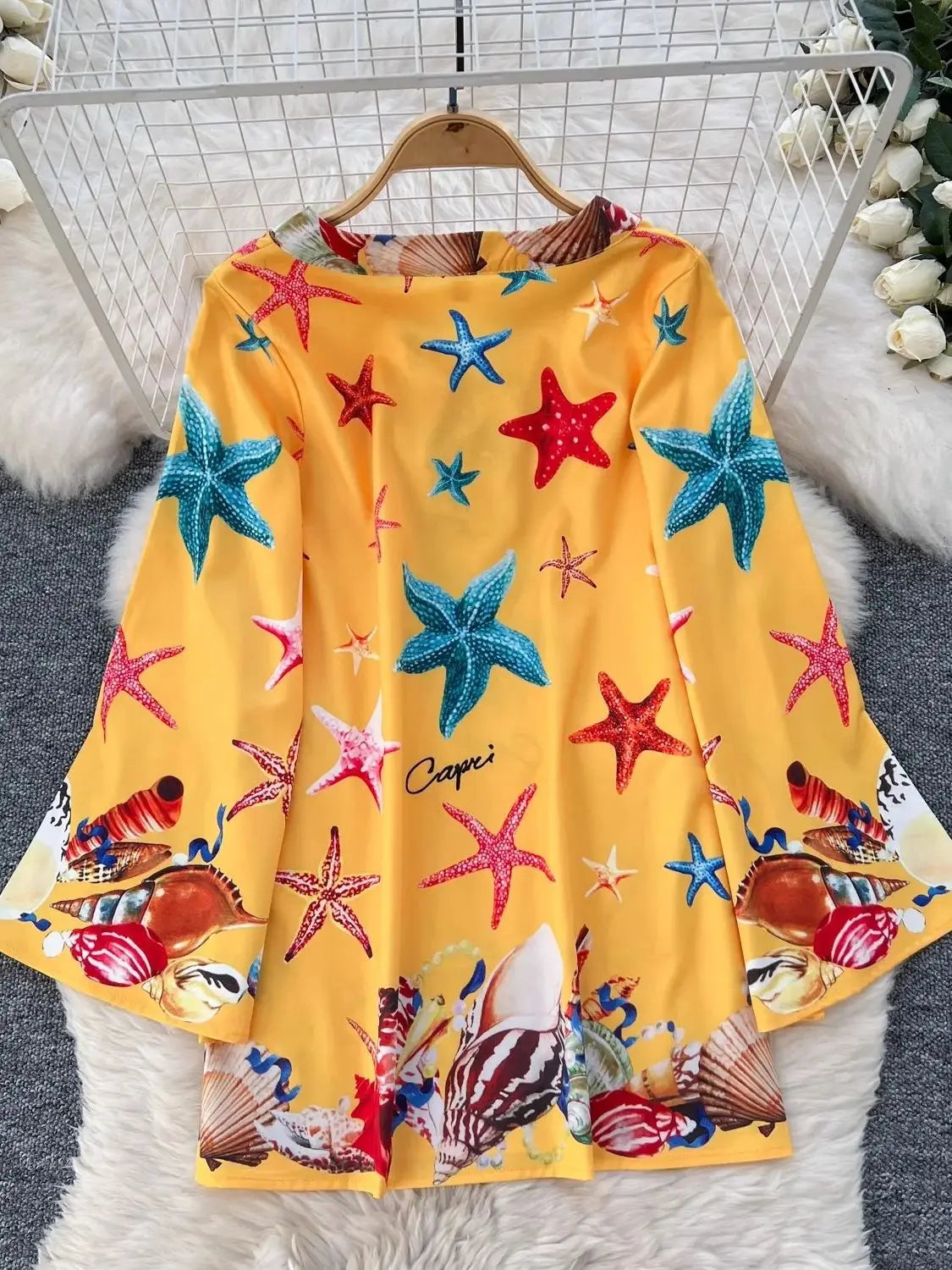Cartoon Rose Flower Print Beach Short Dresses