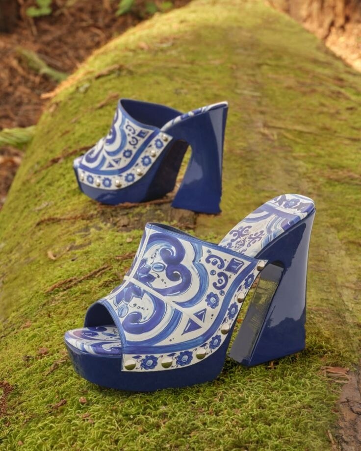 Blue and White Porcelain Printed Platform Mules