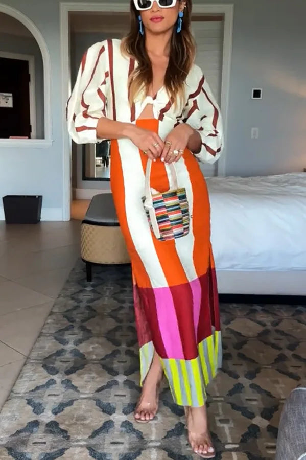 Floral Flower Color Stripes Printed Linen Dress