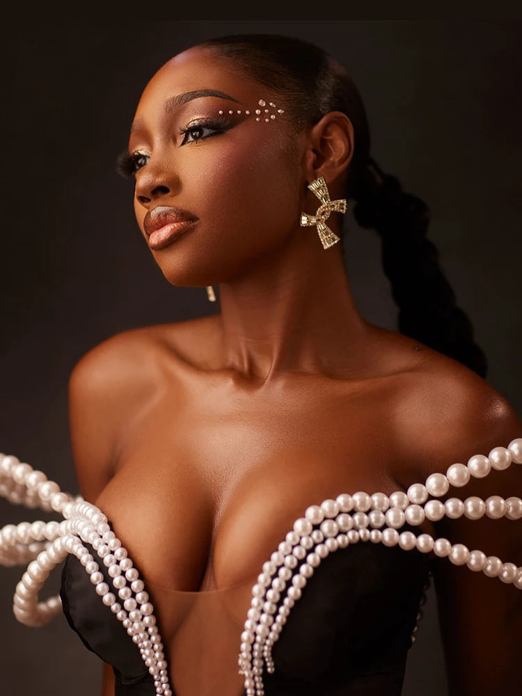 Chic Off-Shoulder Black Maxi Dress with Pearl