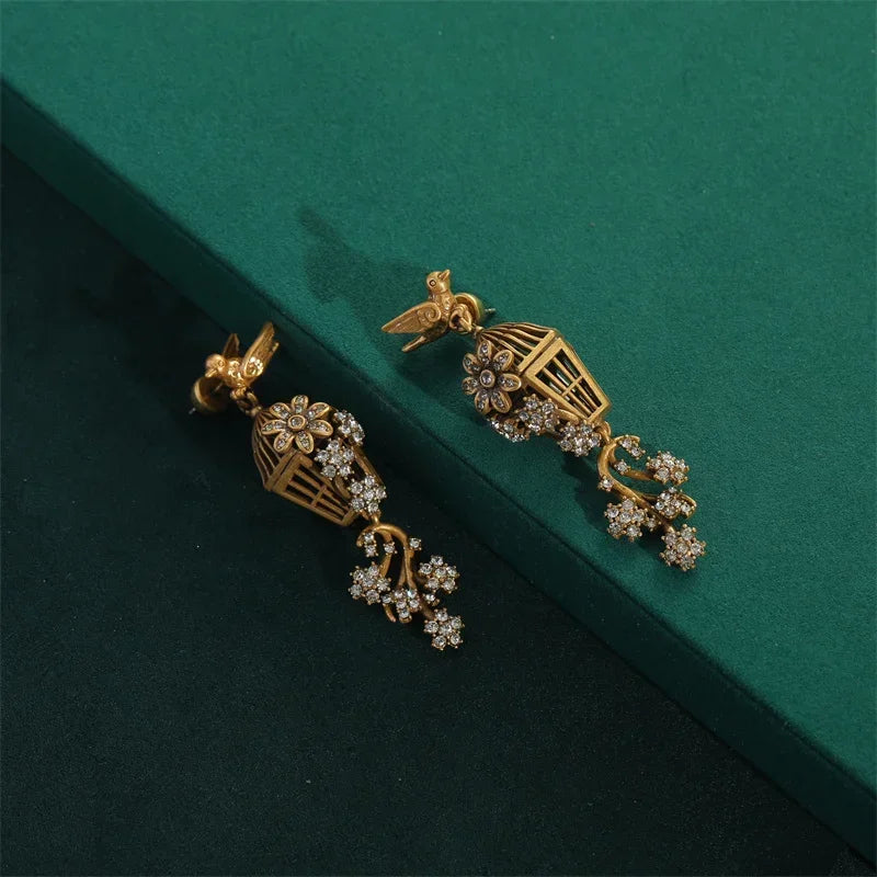 Vintage Rhinestones Bird Cage Drop Dangle Earring