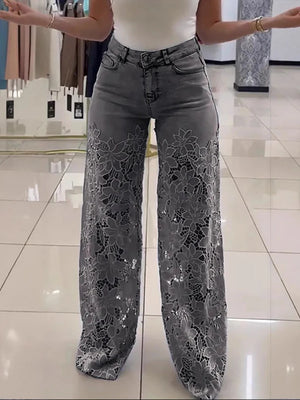 Plus Size Stretch Denim Jeans With Cut-Out Lace