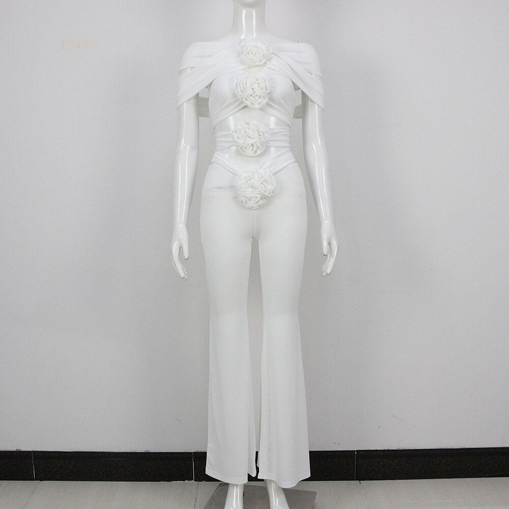 Rose Flower Crop Top Off Shoulder Sleeveless & Pants