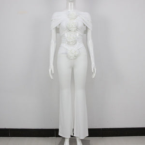 Rose Flower Crop Top Off Shoulder Sleeveless & Pants