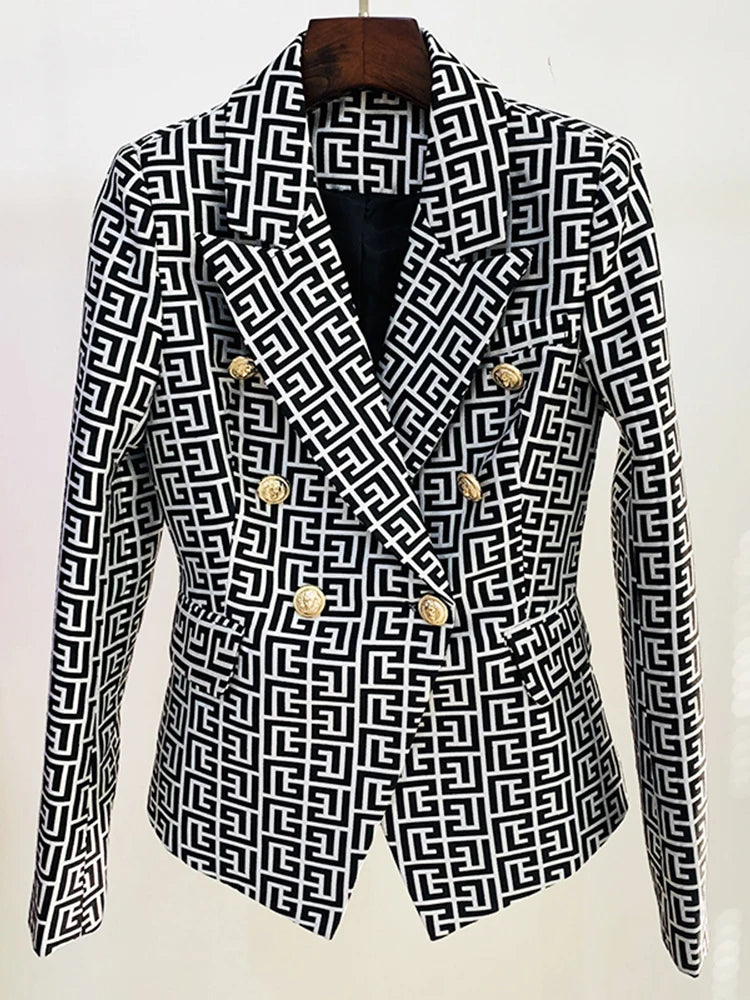 Designer Jacket Women's Double Breasted Lion Buttons Geometrical Jacquard Blazer